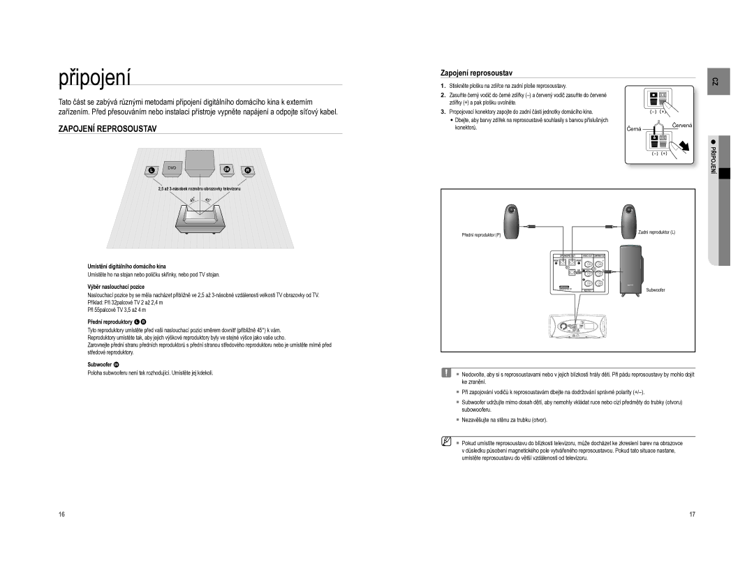 Samsung HT-A100T/EDC, HT-A100WT/EDC manual Připojení, Zapojení Reprosoustav, Zapojení reprosoustav 