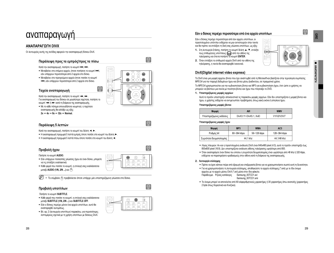 Samsung HT-A100T/EDC, HT-A100WT/EDC manual Αναπαραγωγη Divx 