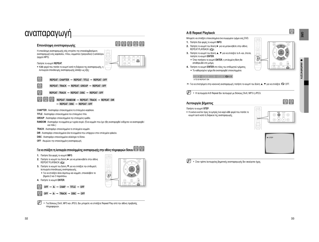 Samsung HT-A100T/EDC, HT-A100WT/EDC manual Επανάληψη αναπαραγωγής, Repeat Playback, Λειτουργία βήματος 