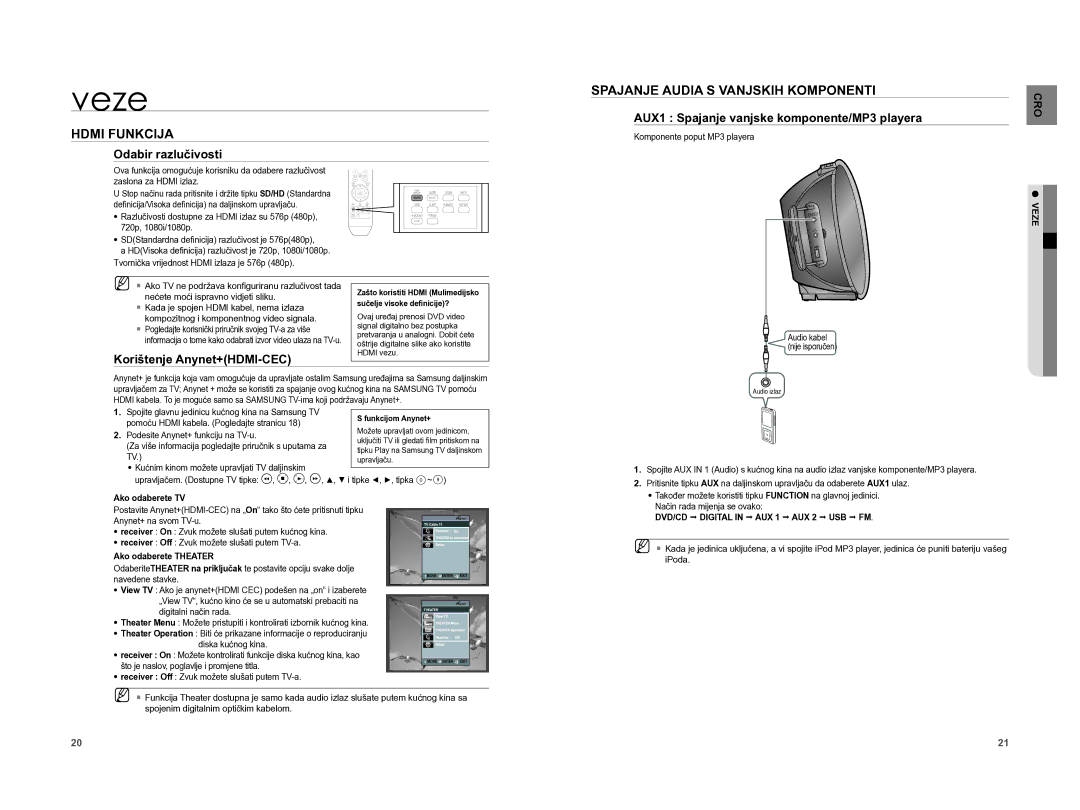 Samsung HT-A100T/EDC Hdmi Funkcija, Spajanje Audia S Vanjskih Komponenti, Odabir razlučivosti, Korištenje Anynet+HDMI-CEC 