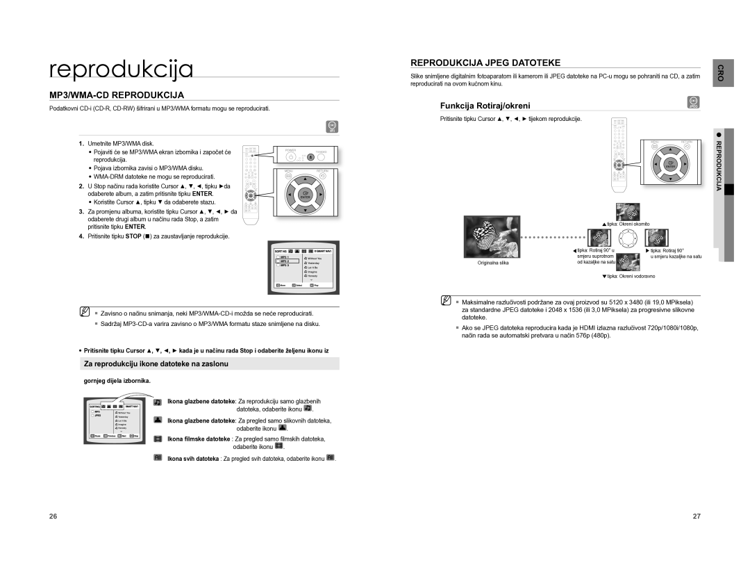 Samsung HT-A100WT/EDC, HT-A100T/EDC manual MP3/WMA-CD Reprodukcija, Reprodukcija Jpeg Datoteke, Funkcija Rotiraj/okreni 