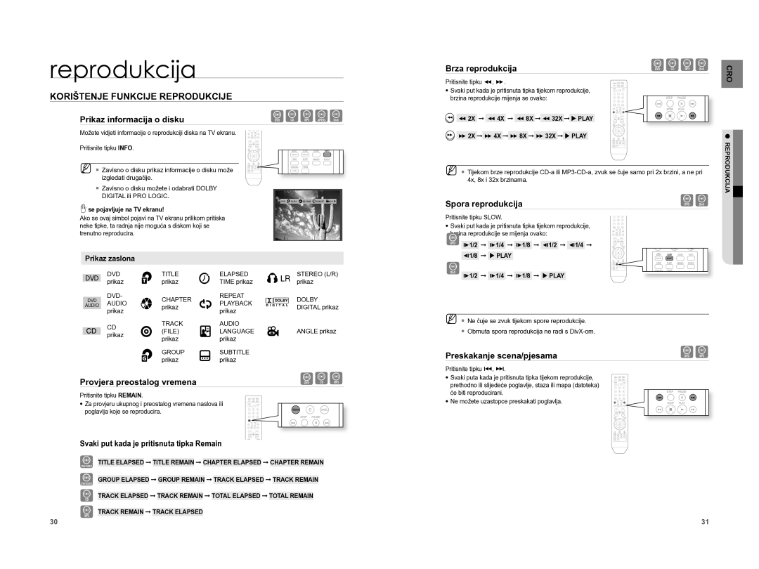 Samsung HT-A100WT/EDC, HT-A100T/EDC manual Korištenje Funkcije Reprodukcije, Prikaz informacija o disku, Spora reprodukcija 