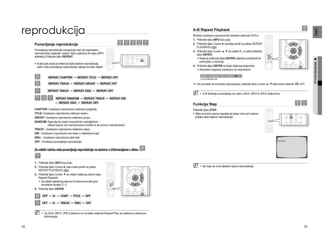 Samsung HT-A100T/EDC Ponavljanje reprodukcije, Repeat Playback, Funkcija Step, Repeat Chapter Repeat Title Repeat OFF 