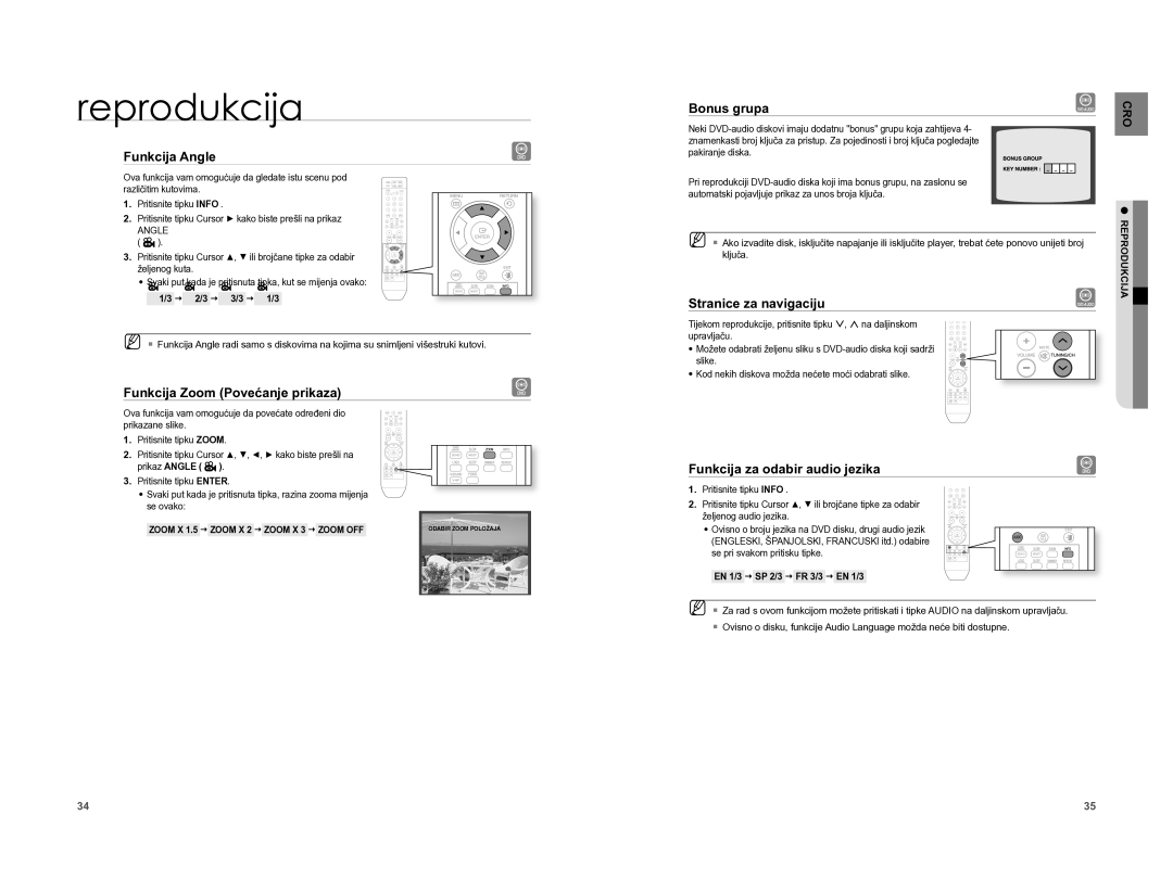 Samsung HT-A100WT/EDC manual Funkcija Angle, Funkcija Zoom Povećanje prikaza, Funkcija za odabir audio jezika, Zoom OFF 