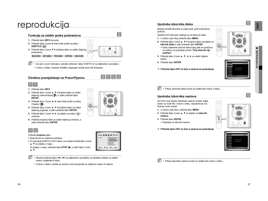 Samsung HT-A100T/EDC, HT-A100WT/EDC Funkcija za odabir jezika podnaslova, Direktno premještanje na Prizor/Pjesmu, Enter 