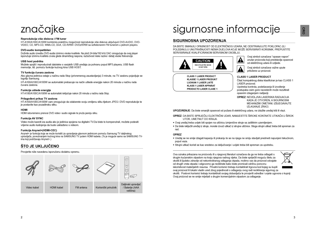 Samsung HT-A100WT/EDC, HT-A100T/EDC manual Značajke, Sigurnosne informacije, Sigurnosna Upozorenja, ŠTO JE Uključeno 