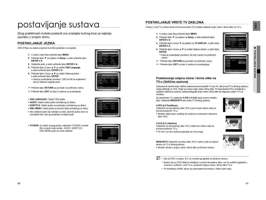 Samsung HT-A100T/EDC manual Postavljanje sustava, Postavljanje Jezika, Postavljanje Vrste TV Zaslona, Postavljanje Sustava 