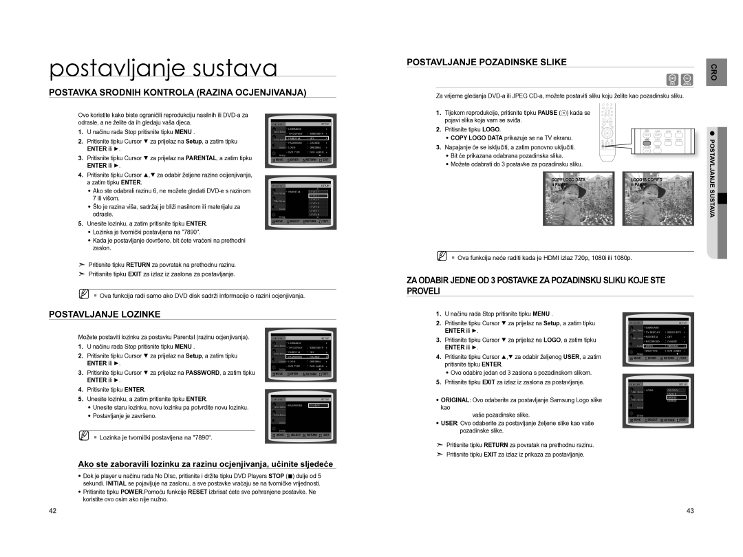 Samsung HT-A100WT/EDC Postavka Srodnih Kontrola Razina Ocjenjivanja, Postavljanje Lozinke Postavljanje Pozadinske Slike 