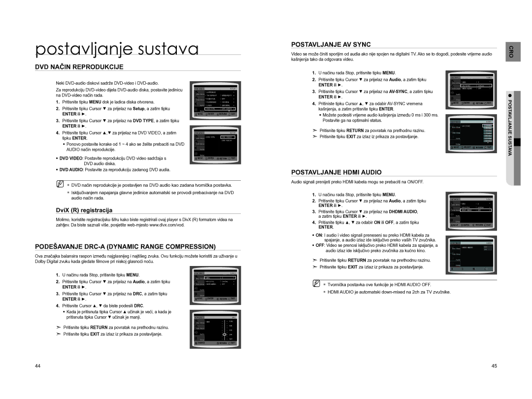 Samsung HT-A100T/EDC manual DVD Način Reprodukcije Postavljanje AV Sync, Postavljanje Hdmi Audio, DviX R registracija 