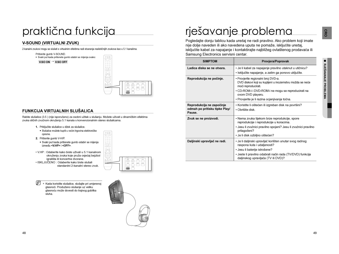 Samsung HT-A100T/EDC manual Rješavanje problema, Sound Virtualni Zvuk, Funkcija Virtualnih Slušalica, SO on ¬ V.SO OFF 