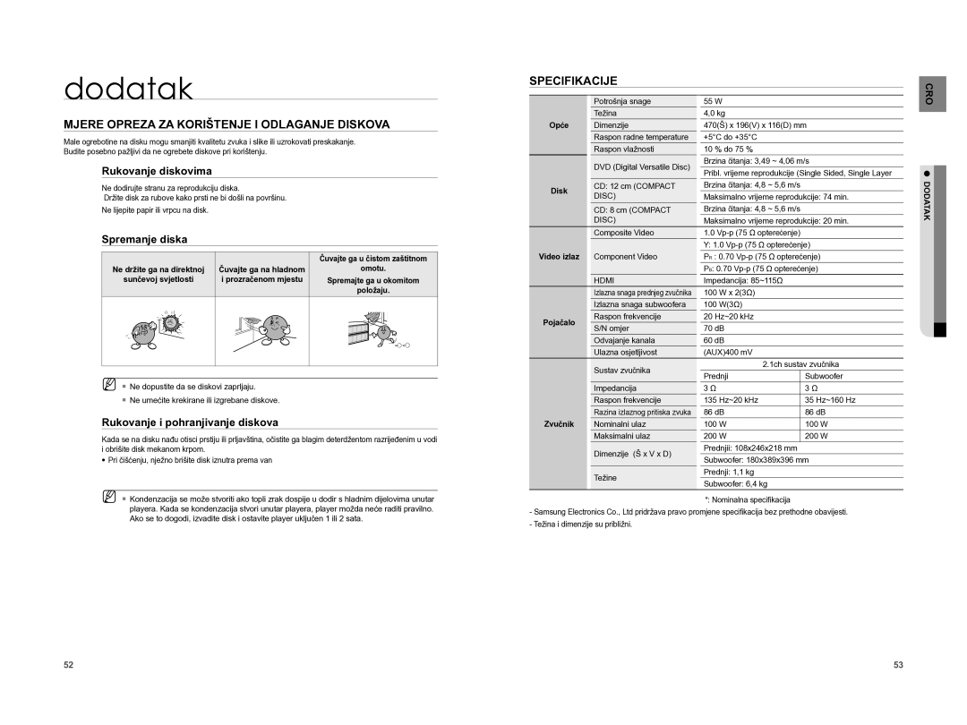 Samsung HT-A100T/EDC, HT-A100WT/EDC manual Dodatak, Mjere Opreza ZA Korištenje I Odlaganje Diskova, Specifikacije 