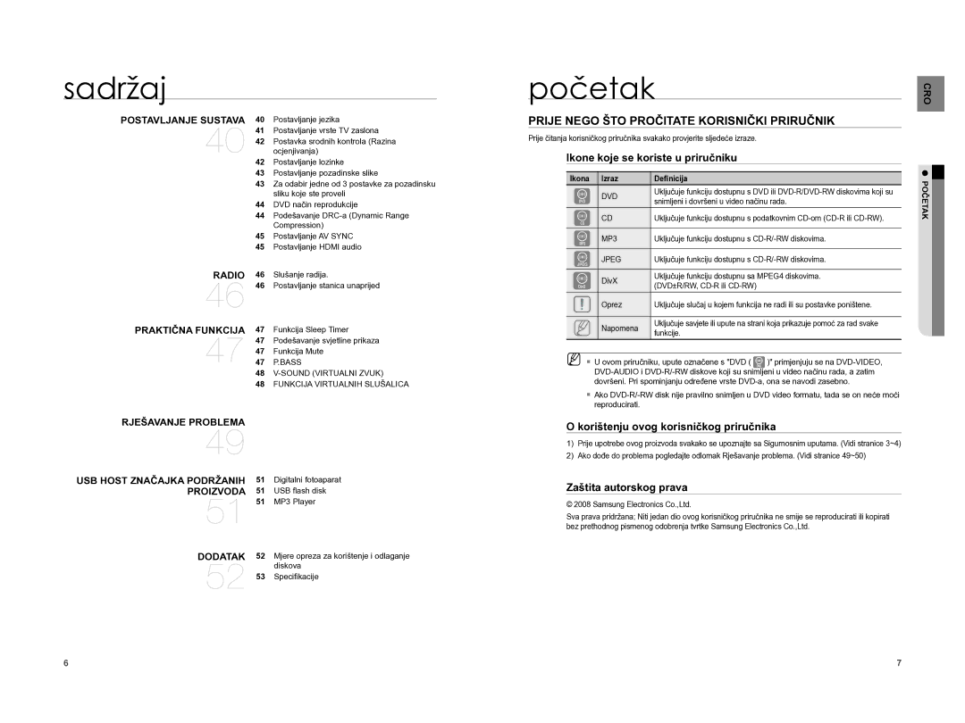 Samsung HT-A100WT/EDC manual Početak, Prije Nego ŠTO Pročitate Korisnički Priručnik, Ikone koje se koriste u priručniku 