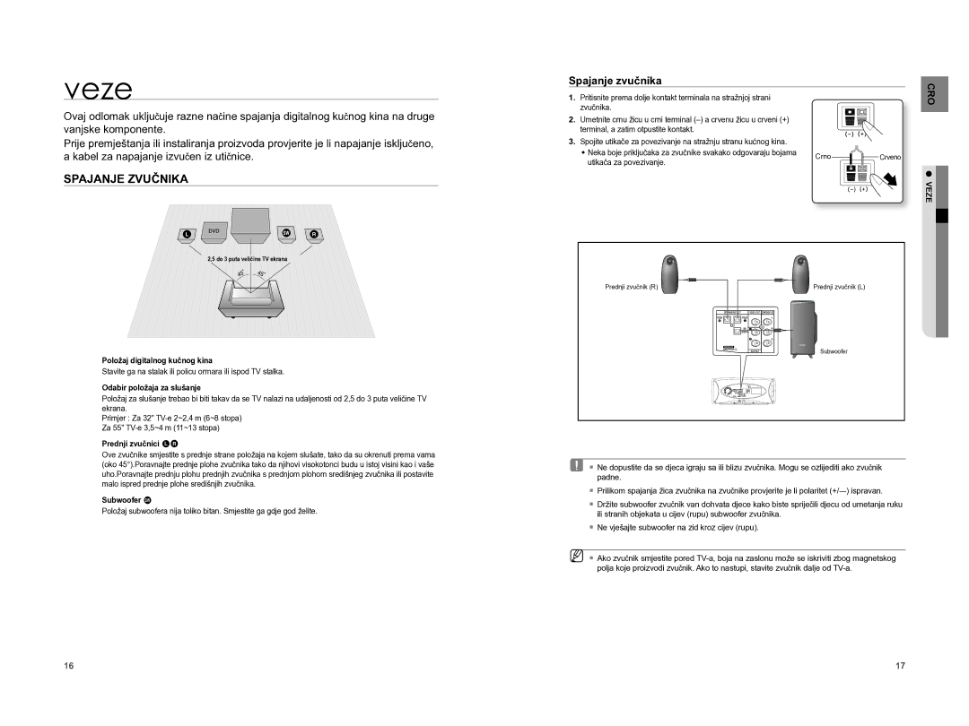 Samsung HT-A100T/EDC, HT-A100WT/EDC manual Veze, Spajanje Zvučnika, Spajanje zvučnika 