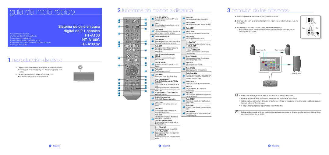 Samsung HT-A100T/EDC, HT-A100T/XET manual Funciones del mando a distancia Conexión de los altavoces, Reproducción de disco 