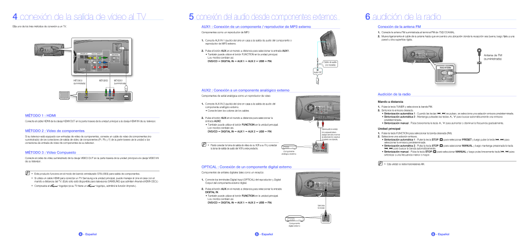 Samsung HT-A100T/XET, HT-A100WT/XET, HT-A100T/EDC manual Conexión de la salida de vídeo al TV, Audición de la radio 