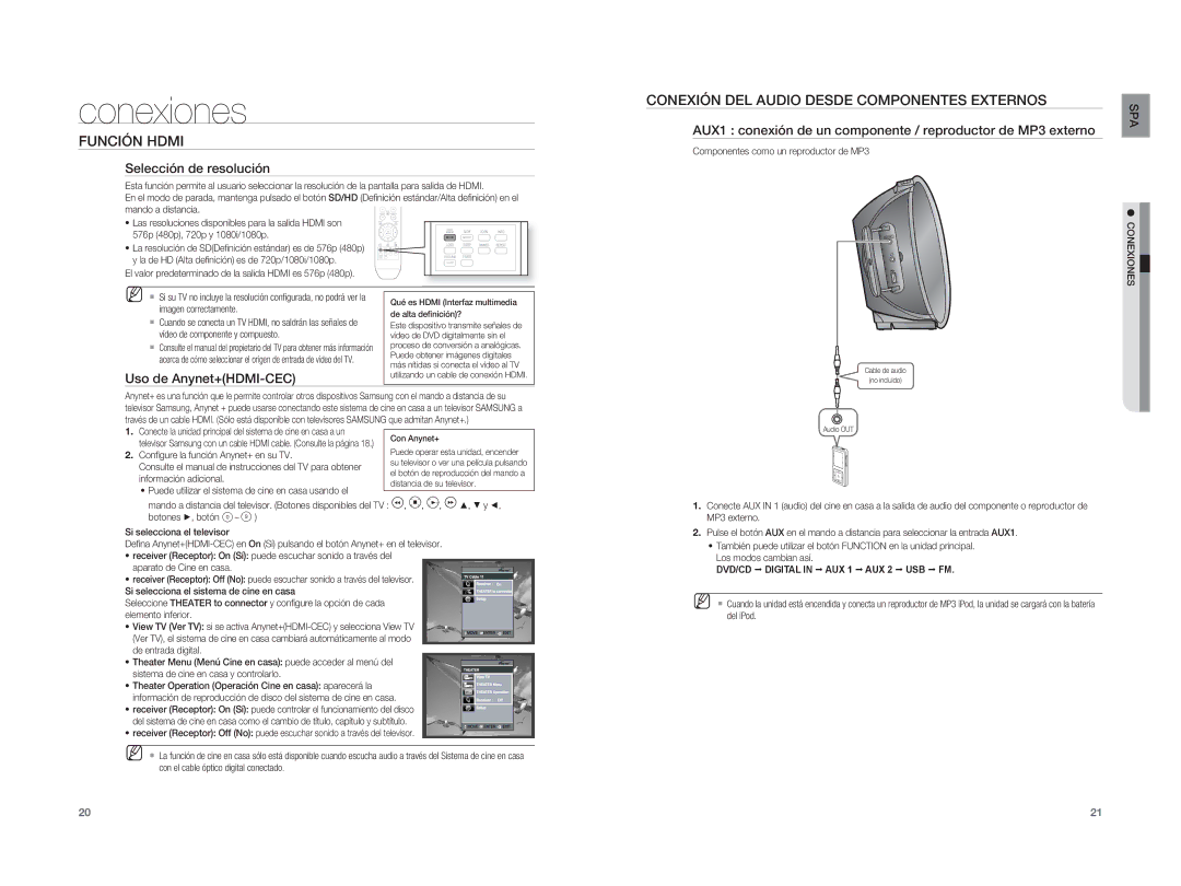 Samsung HT-A100T/XET, HT-A100WT/XET Función Hdmi, Conexión DEL Audio Desde Componentes Externos, Selección de resolución 