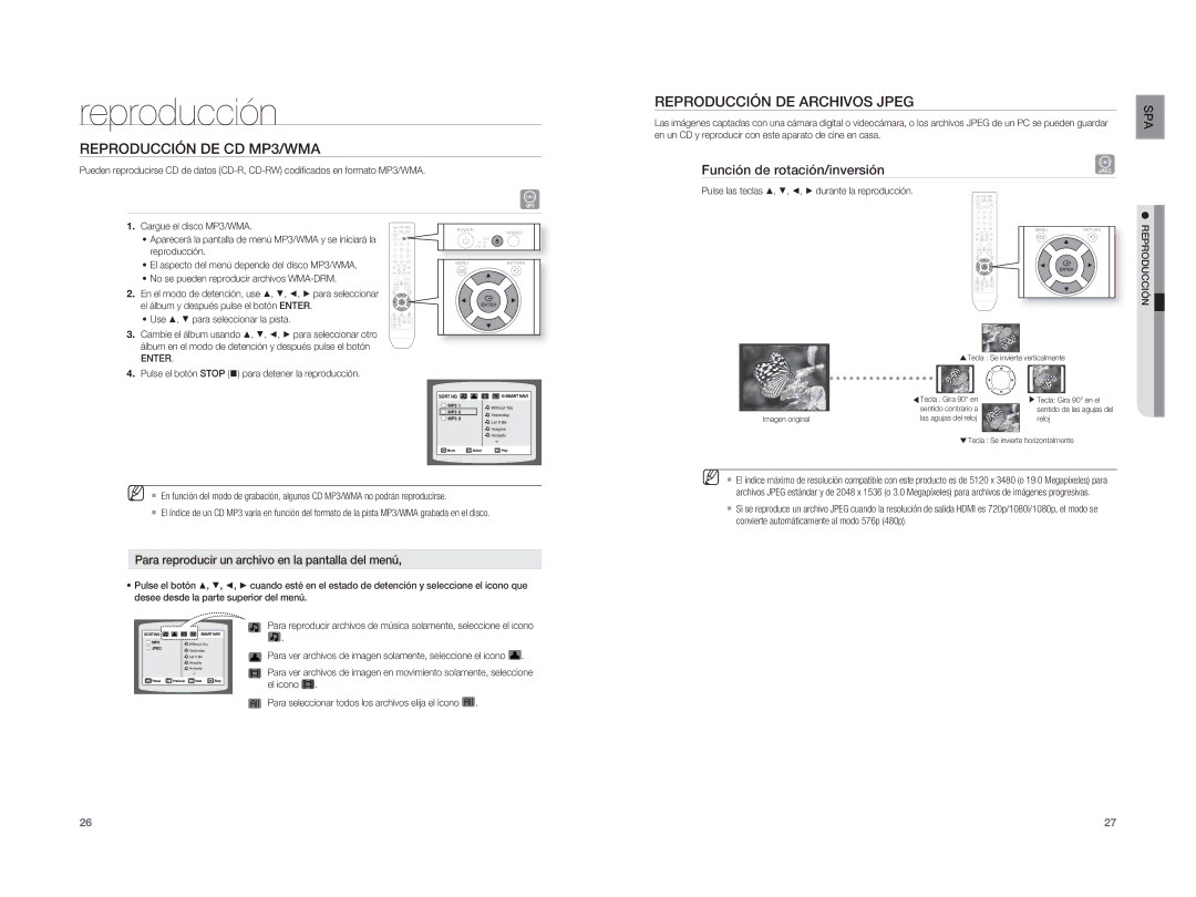 Samsung HT-A100T/XET manual Reproducción DE CD MP3/WMA, Reproducción DE Archivos Jpeg, Función de rotación/inversión, Enter 