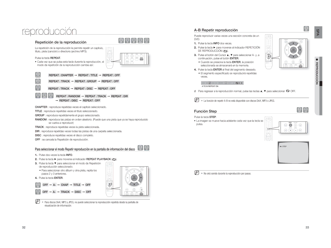 Samsung HT-A100T/XET, HT-A100WT/XET, HT-A100T/EDC manual Repetición de la reproducción, Repetir reproducción, Función Step 