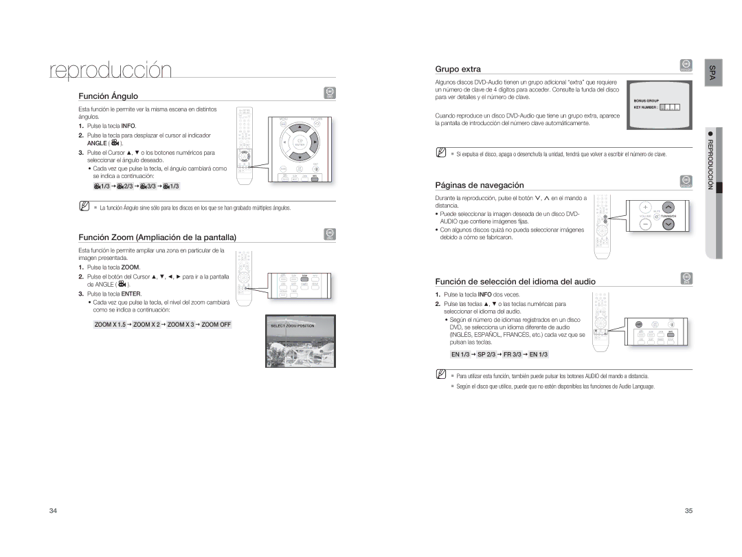 Samsung HT-A100WT/XET manual Función Ángulo, Función Zoom Ampliación de la pantalla, Grupo extra, Páginas de navegación 