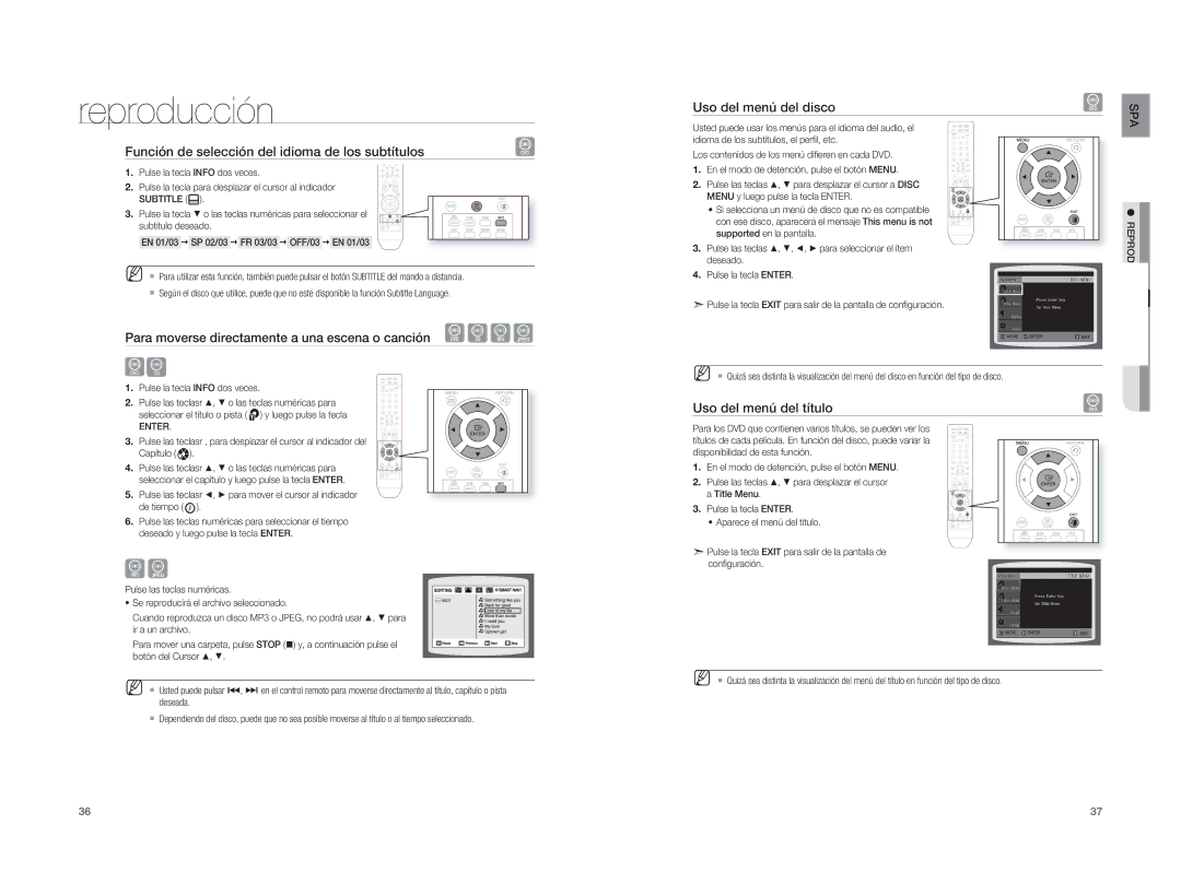 Samsung HT-A100T/EDC Función de selección del idioma de los subtítulos, Para moverse directamente a una escena o canción 