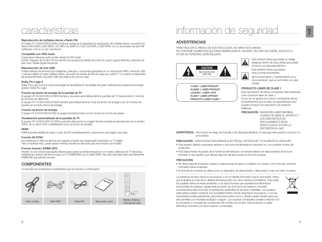 Samsung HT-A100T/XET, HT-A100WT/XET, HT-A100T/EDC manual Características, Información de seguridad, Componentes, Advertencias 