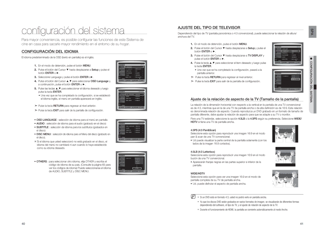 Samsung HT-A100WT/XET manual Configuración DEL Idioma, Ajuste DEL Tipo DE Televisor, Wide/Hdtv, Configuración DEL Sistema 