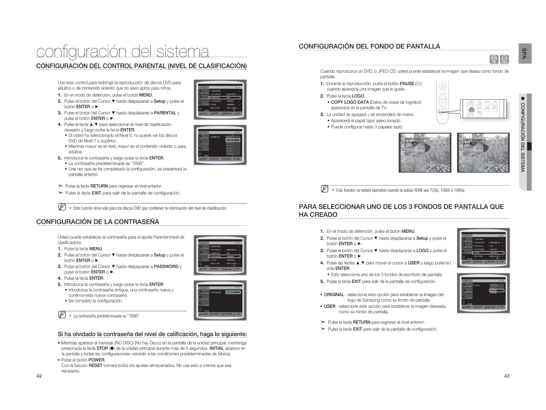 Samsung HT-A100T/EDC, HT-A100WT/XET Conﬁ guración del sistema, Configuración DEL Control Parental Nivel DE Clasificación 