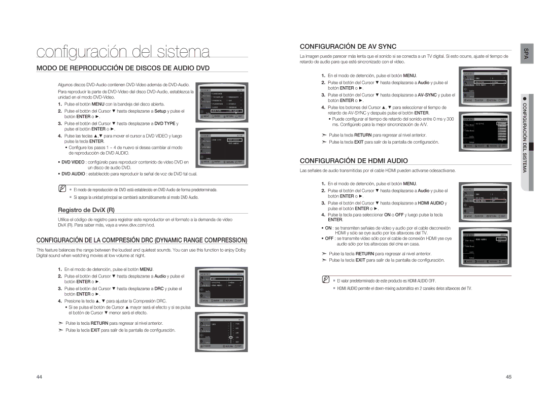 Samsung HT-A100T/XET, HT-A100WT/XET manual Configuración DE Hdmi Audio, Registro de DviX R, Configuración DEL, Sistema 