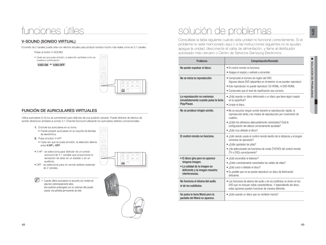 Samsung HT-A100T/EDC Solución de problemas, Sound Sonido Virtual, Función DE Auriculares Virtuales, Solución DE Problemas 