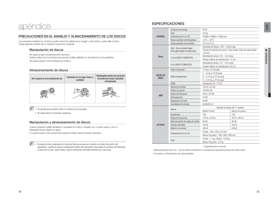 Samsung HT-A100WT/XET, HT-A100T/EDC Apéndice, Precauciones EN EL Manejo Y Almacenamiento DE LOS Discos, Especificaciones 