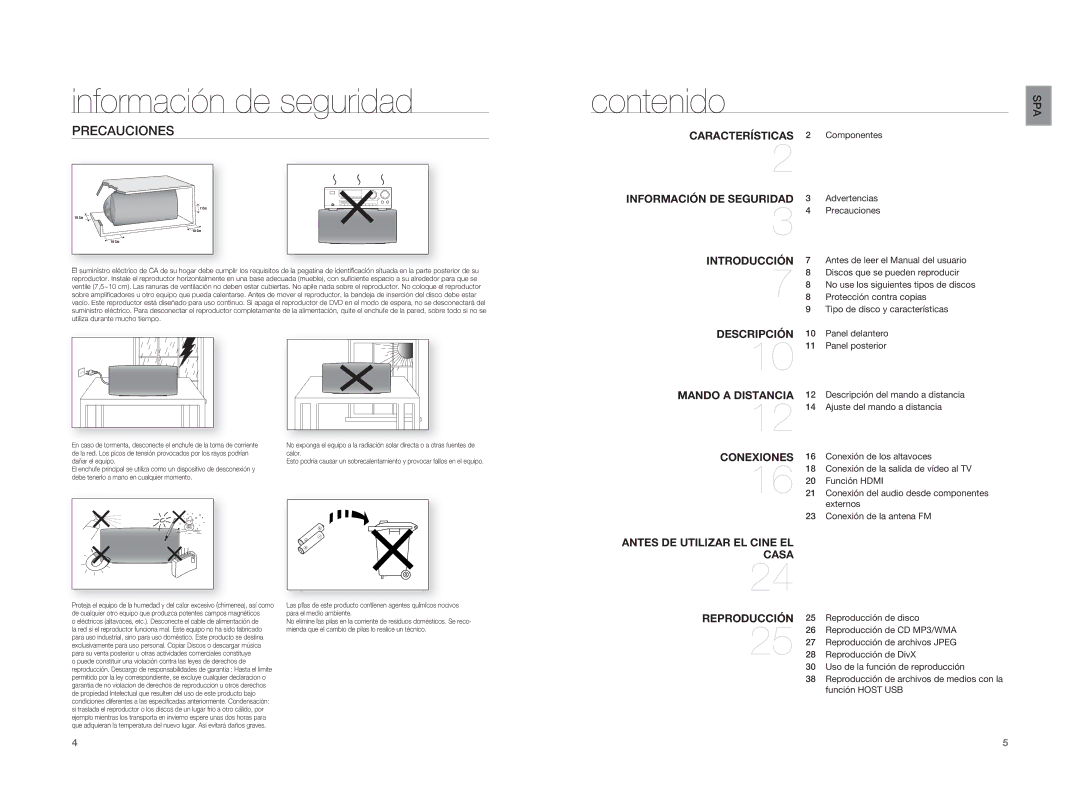 Samsung HT-A100WT/XET, HT-A100T/EDC, HT-A100T/XET manual Contenido, Precauciones 