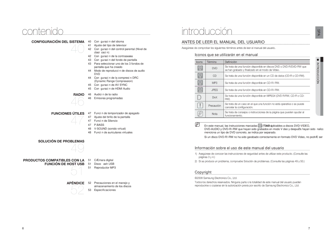 Samsung HT-A100T/EDC Introducción, Antes DE Leer EL Manual DEL Usuario, Iconos que se utilizarán en el manual, Copyright 