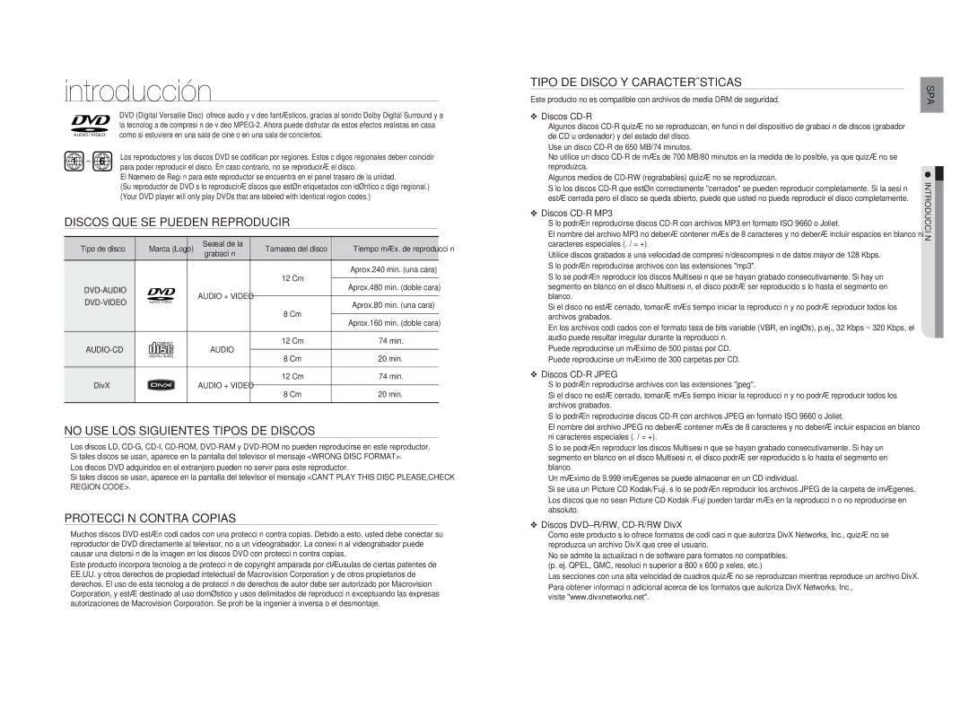 Samsung HT-A100T/XET Discos QUE SE Pueden Reproducir, No USE LOS Siguientes Tipos DE Discos, Protección Contra Copias 