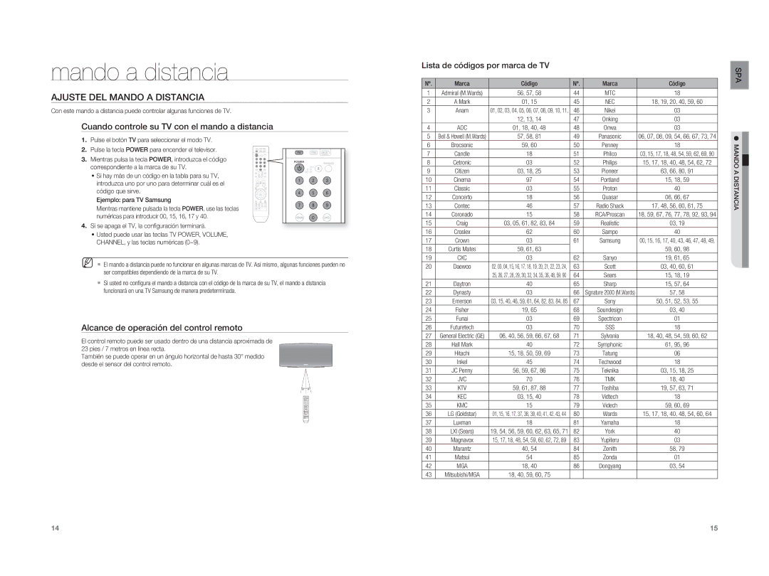 Samsung HT-A100T/XET manual Ajuste DEL Mando a Distancia, Cuando controle su TV con el mando a distancia, Marca Código 