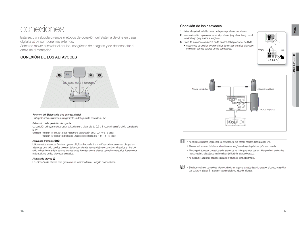 Samsung HT-A100WT/XET, HT-A100T/EDC, HT-A100T/XET manual Conexiones, Conexión DE LOS Altavoces, Conexión de los altavoces 