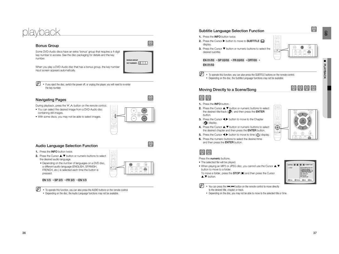 Samsung HT-A100T/XET Bonus Group, Navigating Pages, Audio Language Selection Function, Moving Directly to a Scene/Song 