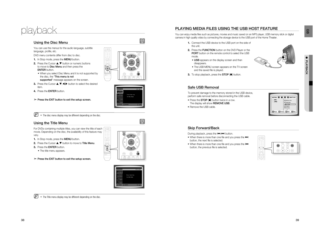 Samsung HT-A100CT/XET manual Playing Media Files Using the USB Host Feature, Using the Disc Menu, Using the Title Menu 