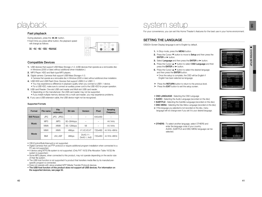 Samsung HT-A100T/XEE, HT-A100WT/XET, HT-A100T/XEU manual System setup, Setting the Language, Compatible Devices, System Setup 