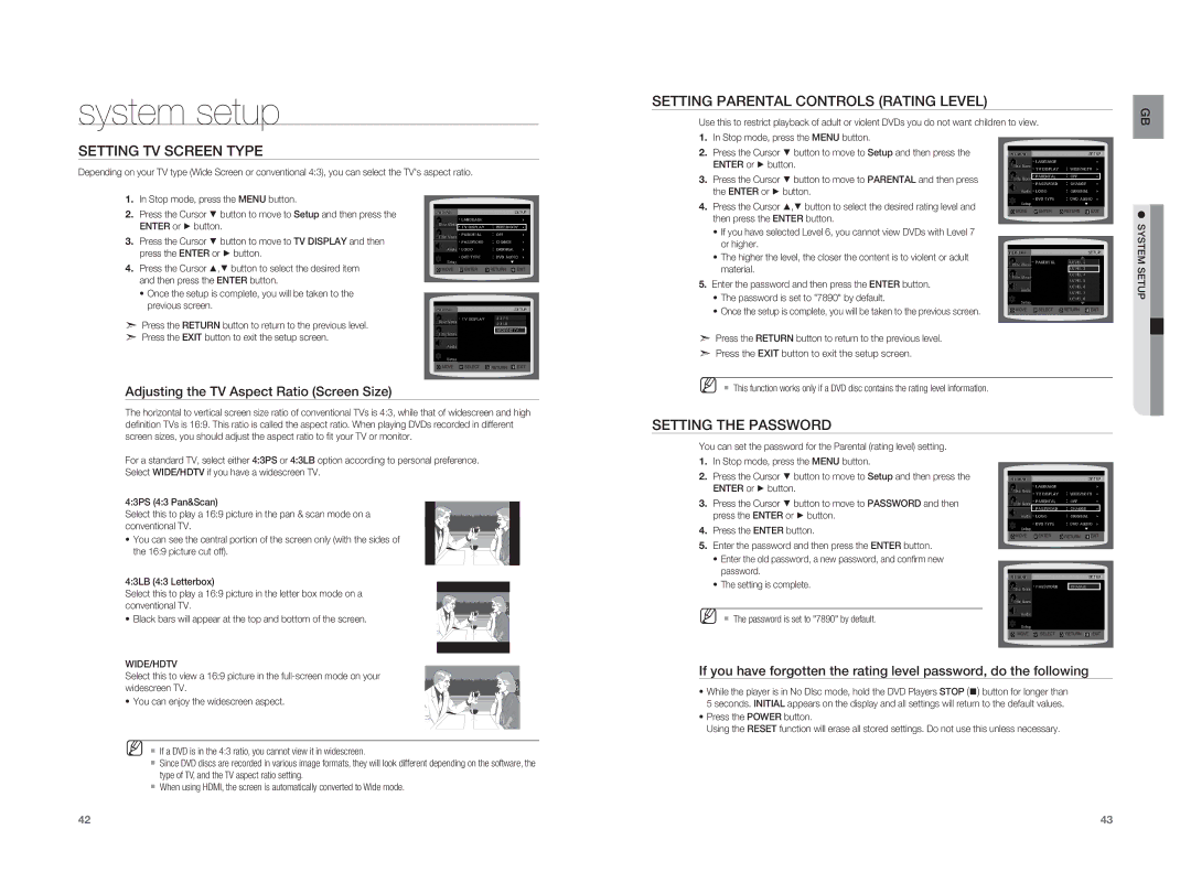 Samsung HT-A100WT/XET Setting TV Screen Type, Setting Parental Controls Rating Level, Setting the Password, Wide/Hdtv 