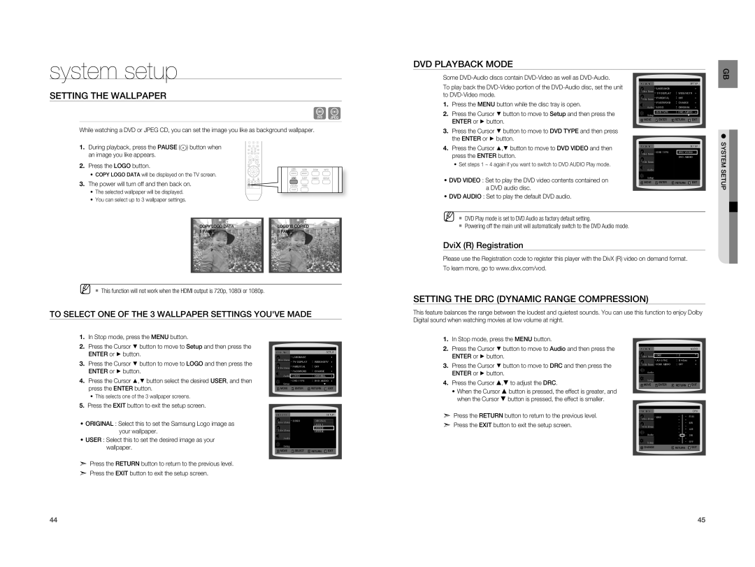 Samsung HT-A100T/XEU, HT-A100WT/XET Setting the Wallpaper, DVD Playback Mode, Setting the DRC Dynamic Range Compression 