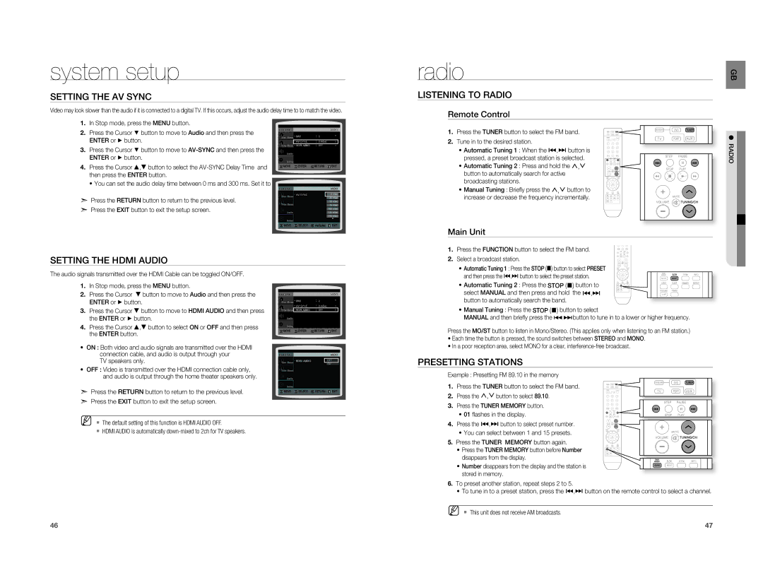 Samsung HT-A100WT/EDC manual Setting the AV Sync, Setting the Hdmi Audio, Listening to Radio, Presetting Stations 