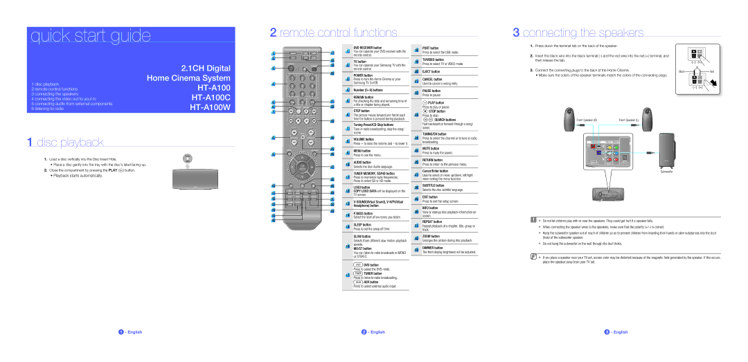 Samsung HT-A100T/XEU manual Remote control functions Connecting the speakers, Disc playback, Playback starts automatically 