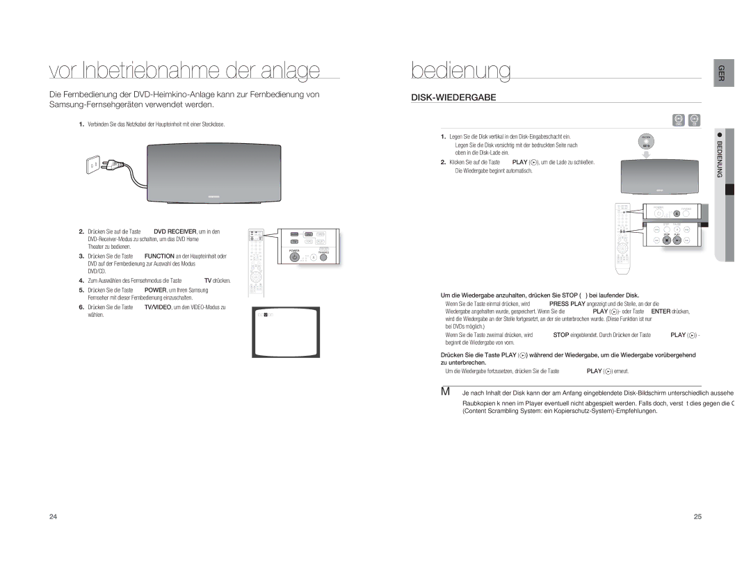 Samsung HT-A100CT/XEF, HT-A100WT/XET, HT-A100T/XEU, HT-A100WT/EDC Vor Inbetriebnahme der anlage, Bedienung, Disk-Wiedergabe 