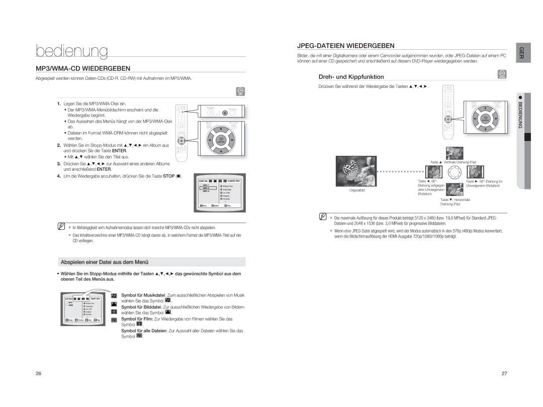 Samsung HT-A100WT/XET, HT-A100T/XEU MP3/WMA-CD Wiedergeben, JPEG-DATEIEN Wiedergeben, Dreh- und Kippfunktion, Bedienung 