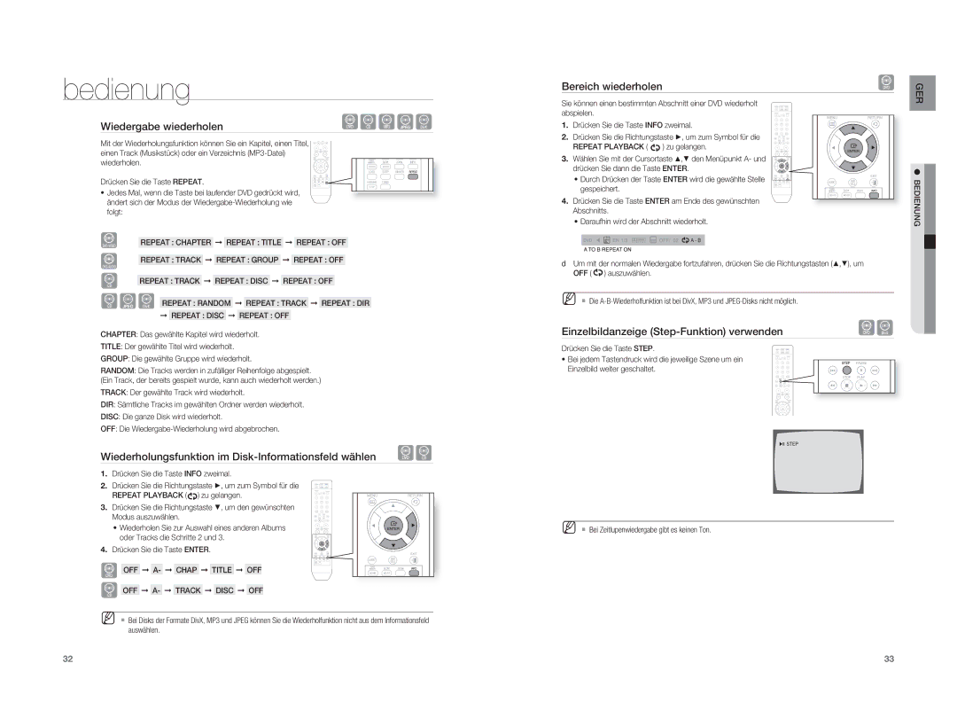 Samsung HT-A100T/EDC Wiedergabe wiederholen, Bereich wiederholen, Wiederholungsfunktion im Disk-Informationsfeld wählen 