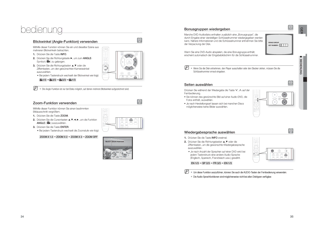 Samsung HT-A100T/XEF, HT-A100T/XEU Blickwinkel Angle-Funktion verwenden, Zoom-Funktion verwenden, Bonusgruppen wiedergeben 