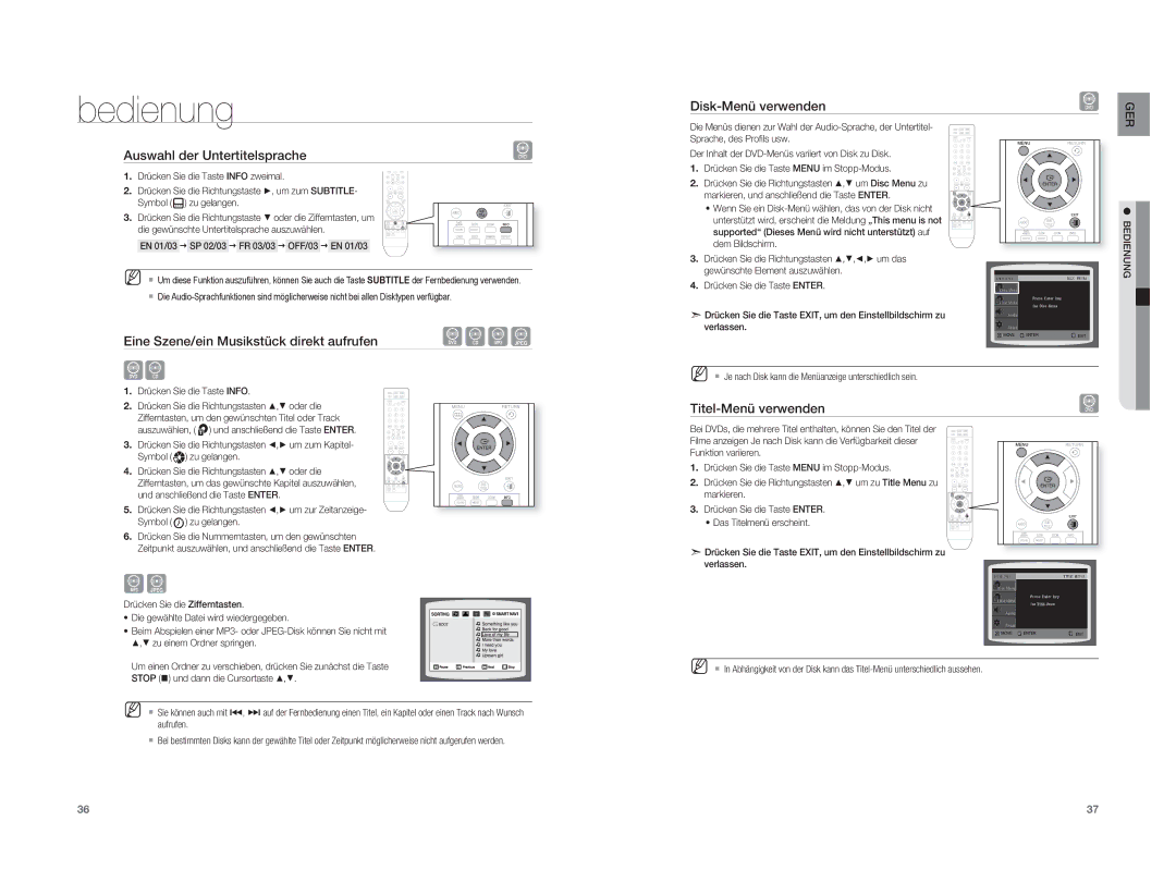 Samsung HT-A100WT/XEF manual Auswahl der Untertitelsprache, Eine Szene/ein Musikstück direkt aufrufen, Disk-Menü verwenden 