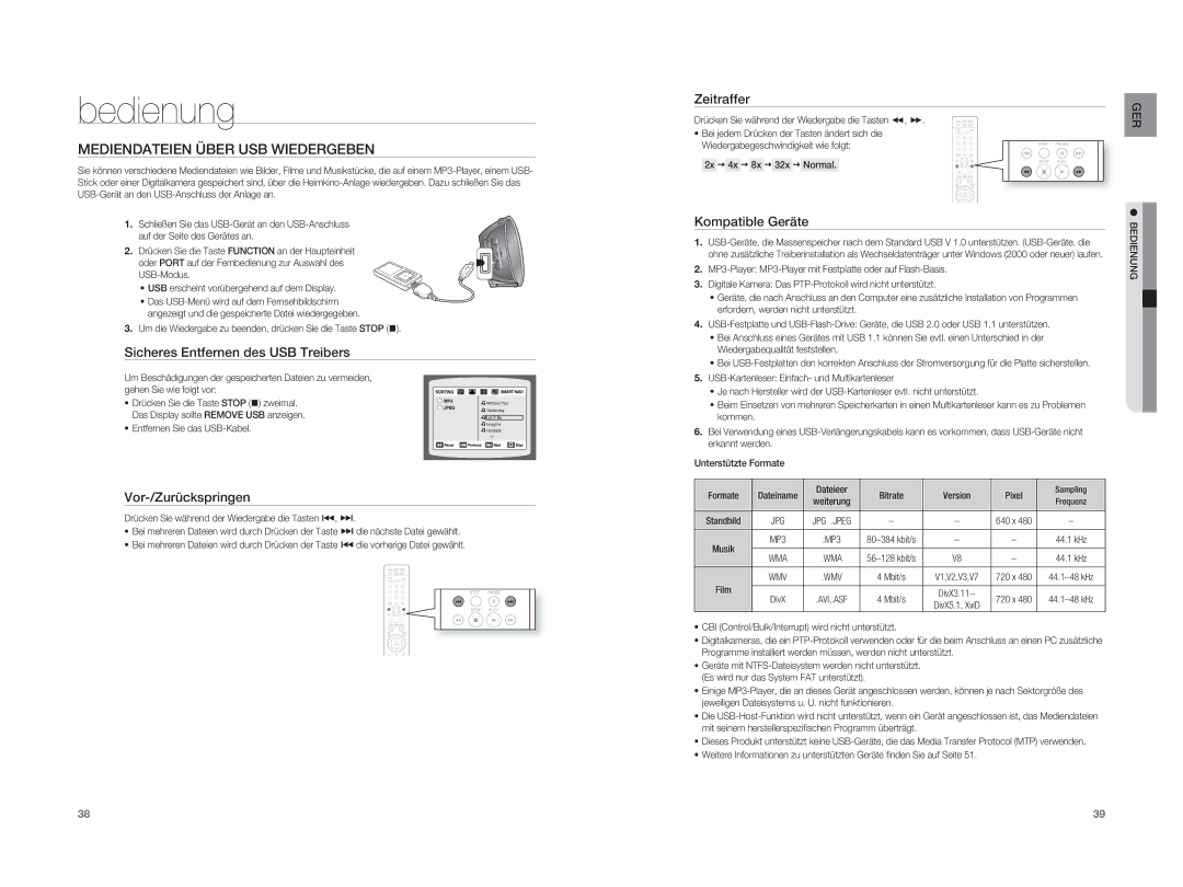 Samsung HT-A100CT/XEF manual Mediendateien Über USB Wiedergeben, Sicheres Entfernen des USB Treibers, Kompatible Geräte 