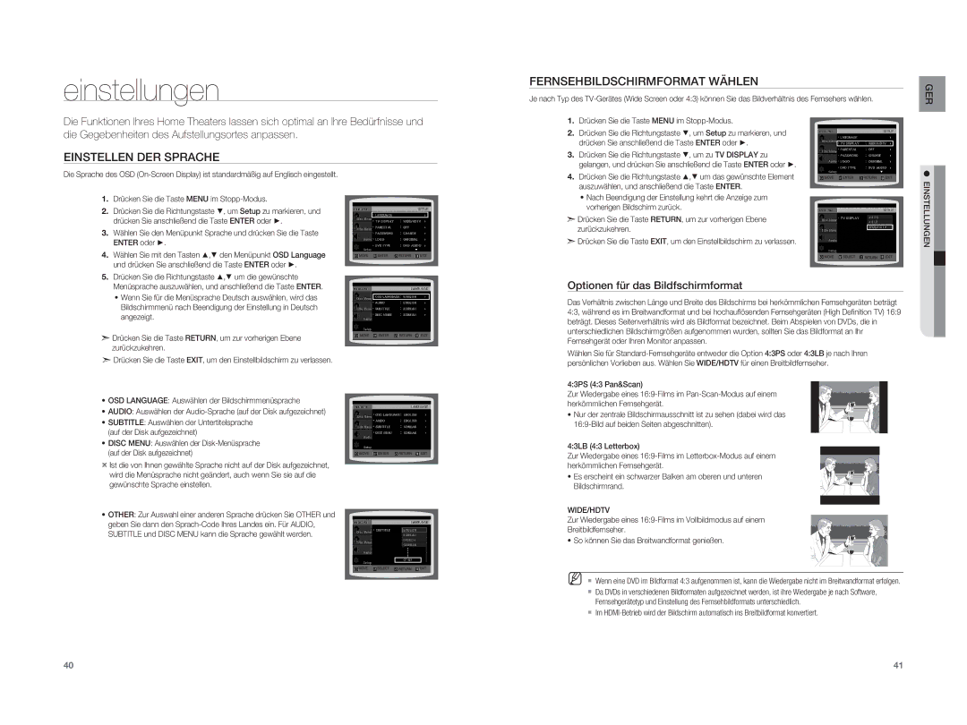 Samsung HT-A100WT/XET, HT-A100T/XEU manual Einstellungen, Einstellen DER Sprache Fernsehbildschirmformat Wählen, Wide/Hdtv 