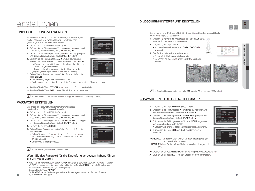 Samsung HT-A100T/XEU, HT-A100WT/XET manual Kindersicherung Verwenden, Passwort Einstellen, Bildschirmhintergrund Einstellen 